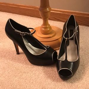 Black leather peep toe heels